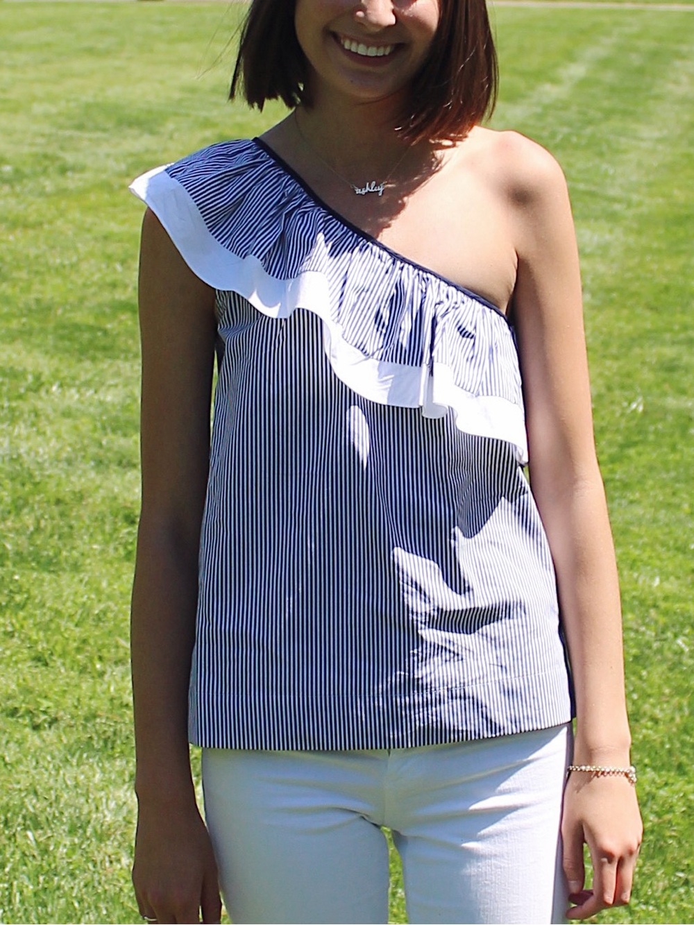 J.Crew One-Shoulder Ruffle Top - Blue and White Stripe